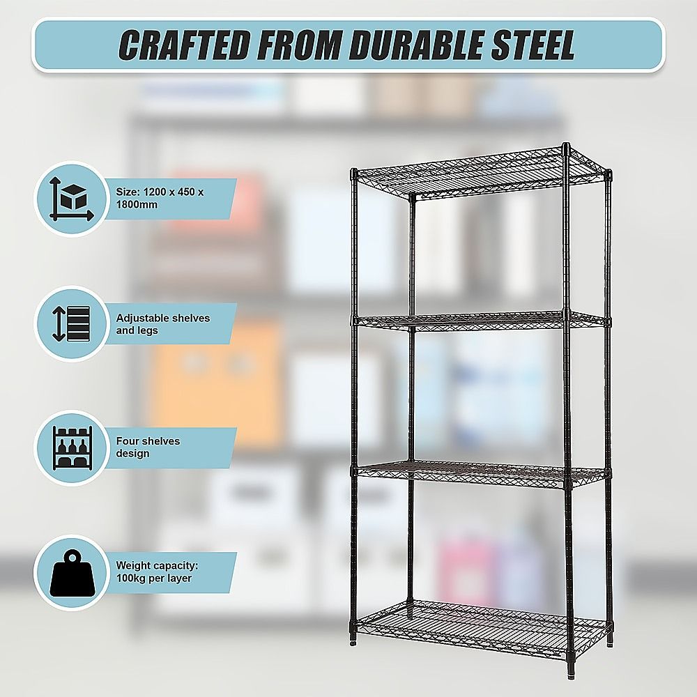 Wire Storage Rack – 120x45cm Black Shelving with Fixed Legs