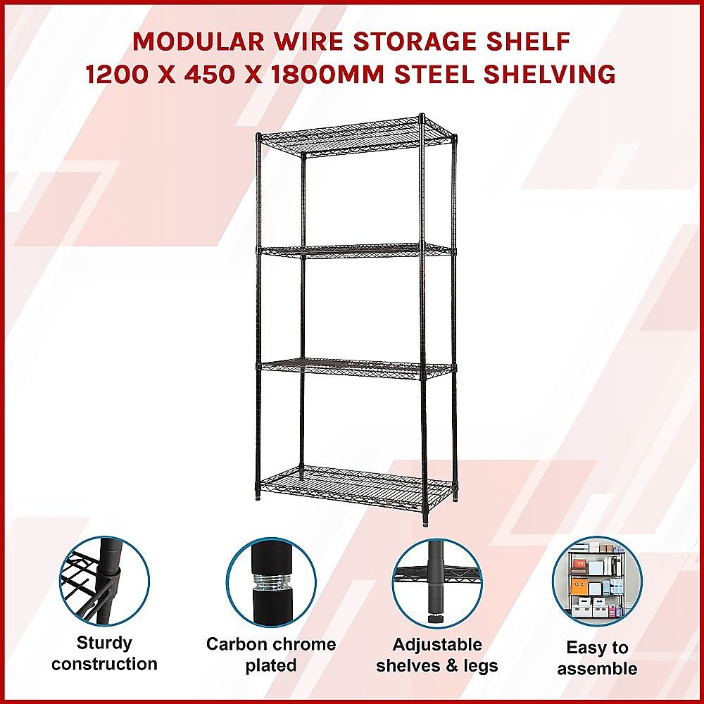 Wire Storage Rack – 120x45cm Black Shelving with Fixed Legs