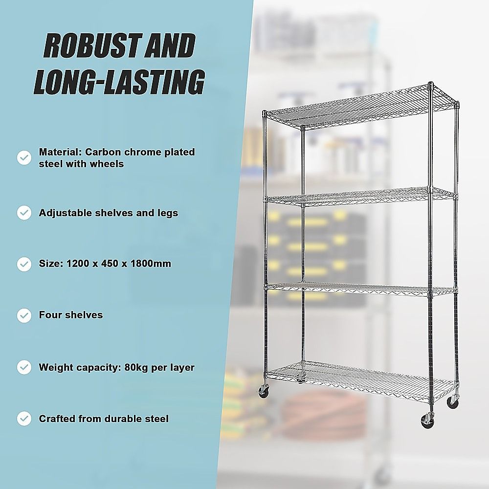 Wire Storage Rack – 120x45cm Chrome Shelving with Wheels
