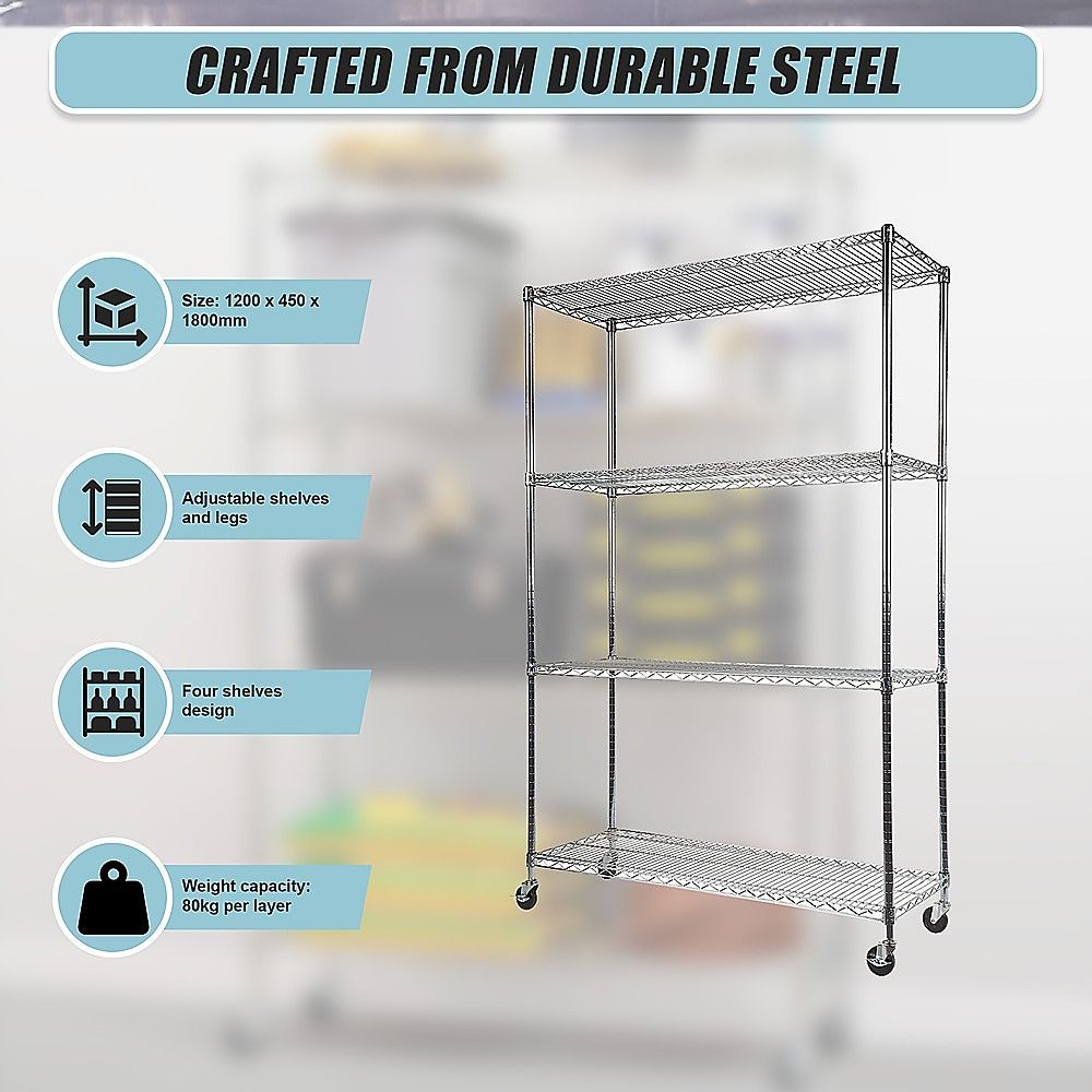 Wire Storage Rack – 120x45cm Chrome Shelving with Wheels