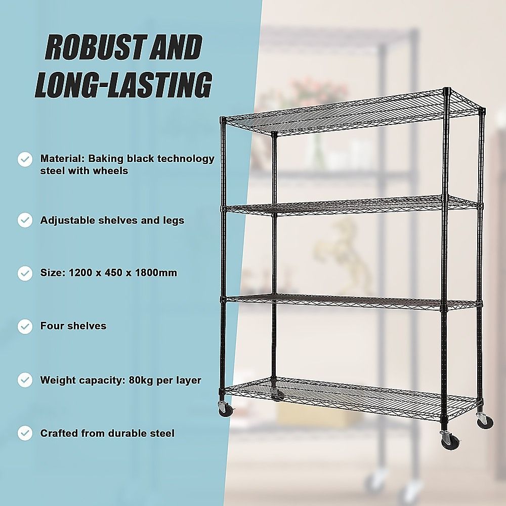 Wire Storage Rack – 120x45cm Black Shelving with Wheels