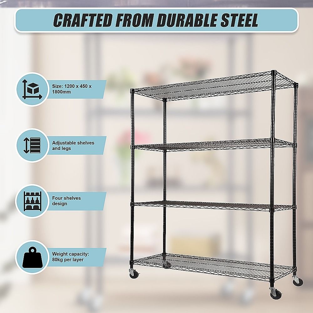 Wire Storage Rack – 120x45cm Black Shelving with Wheels