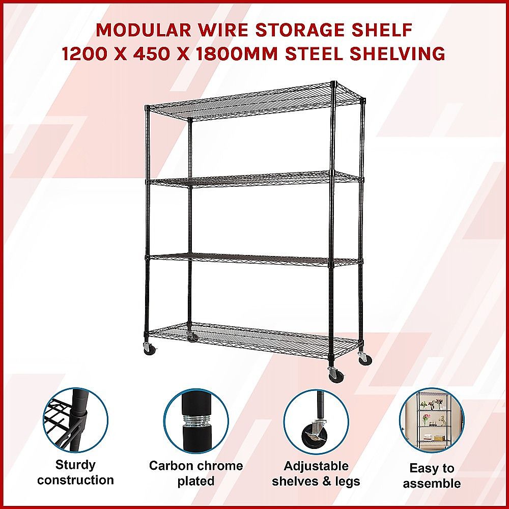 Wire Storage Rack – 120x45cm Black Shelving with Wheels