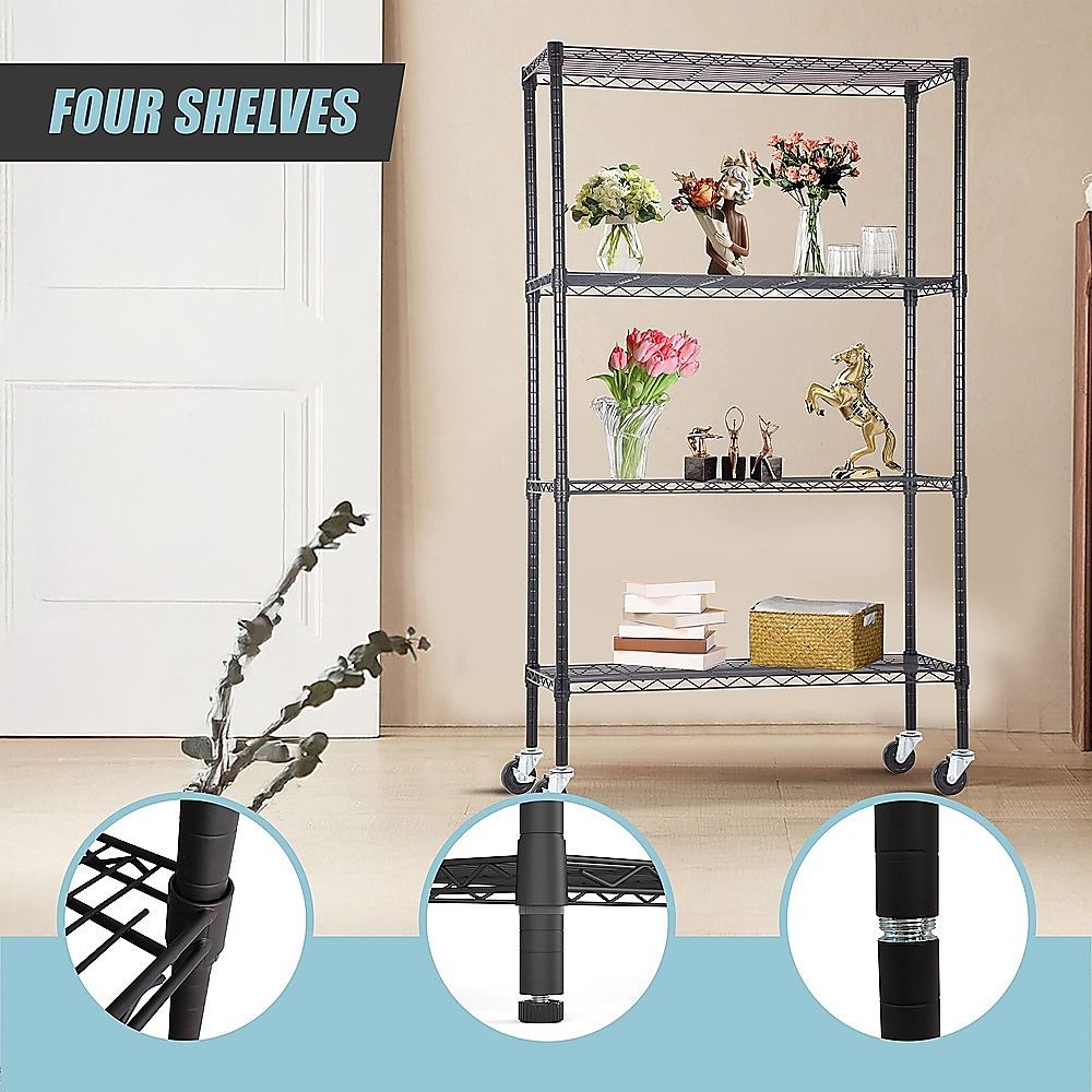 Wire Storage Rack – 120x45cm Black Shelving with Wheels