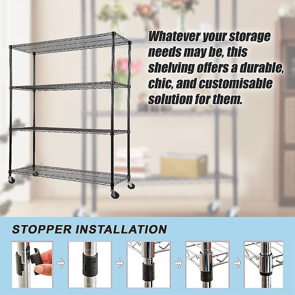 Wire Storage Rack – 120x45cm Black Shelving with Wheels