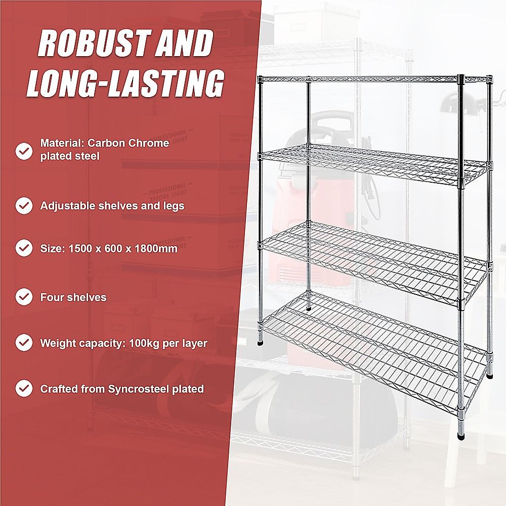 Wire Storage Rack – 150x60cm Chrome Shelving with Fixed Legs