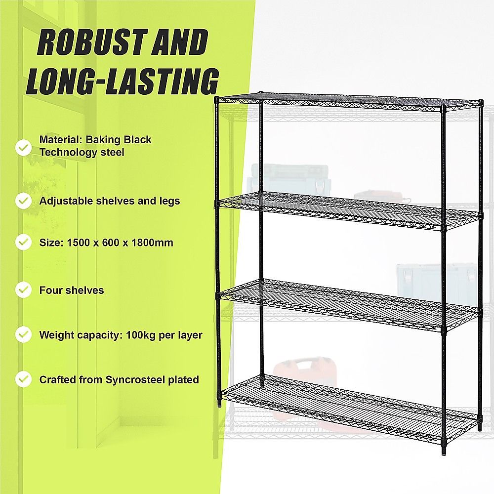 Wire Storage Rack – 150x60cm Black Shelving with Fixed Legs