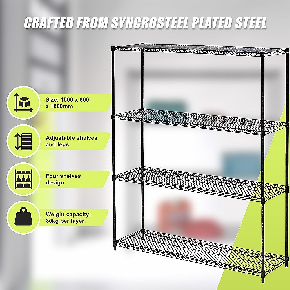 Wire Storage Rack – 150x60cm Black Shelving with Fixed Legs