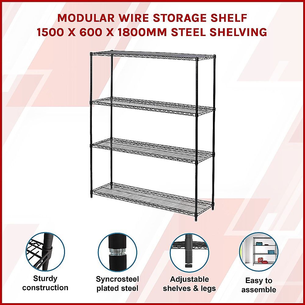 Wire Storage Rack – 150x60cm Black Shelving with Fixed Legs