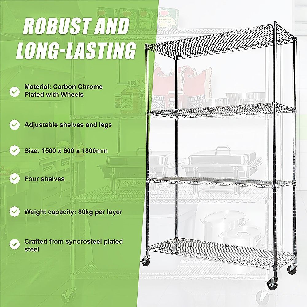 Wire Storage Rack – 150x60cm Chrome Shelving with Wheels