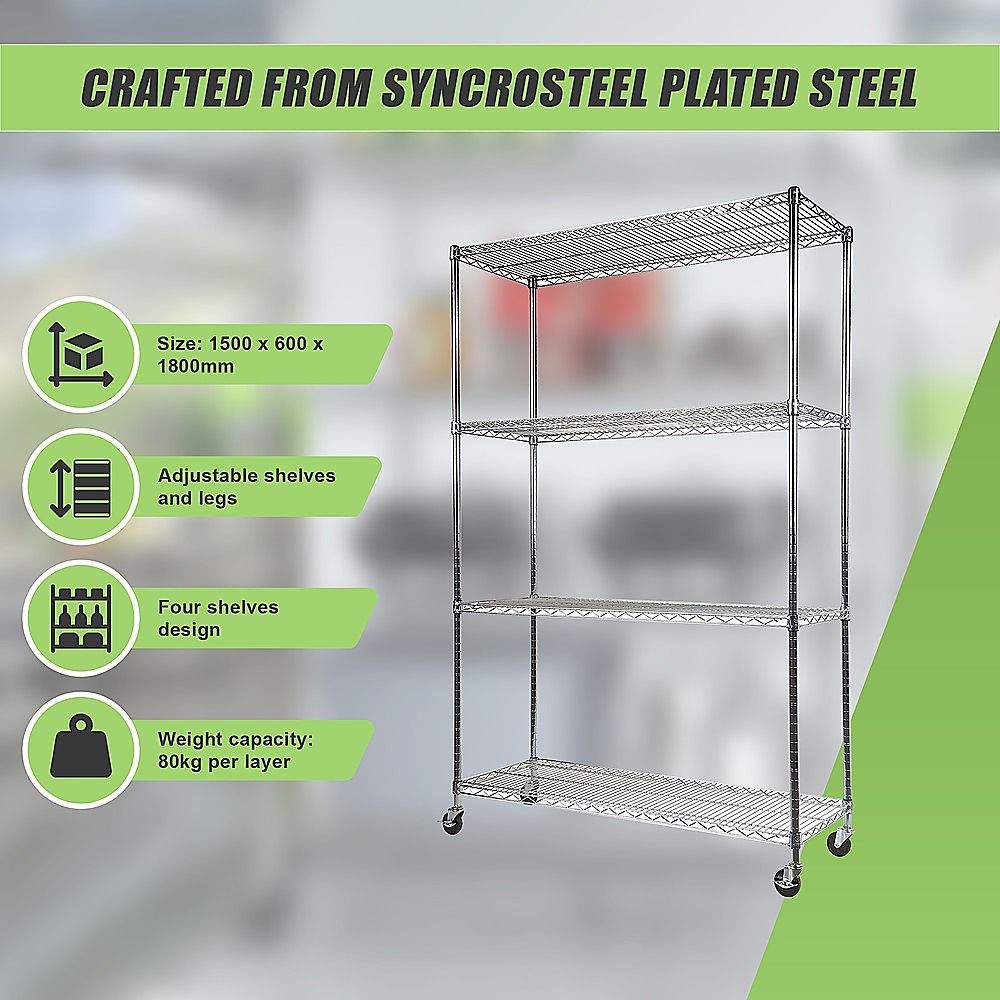 Wire Storage Rack – 150x60cm Chrome Shelving with Wheels