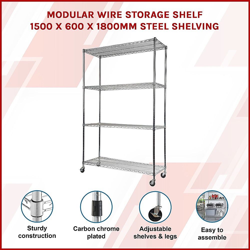 Wire Storage Rack – 150x60cm Chrome Shelving with Wheels