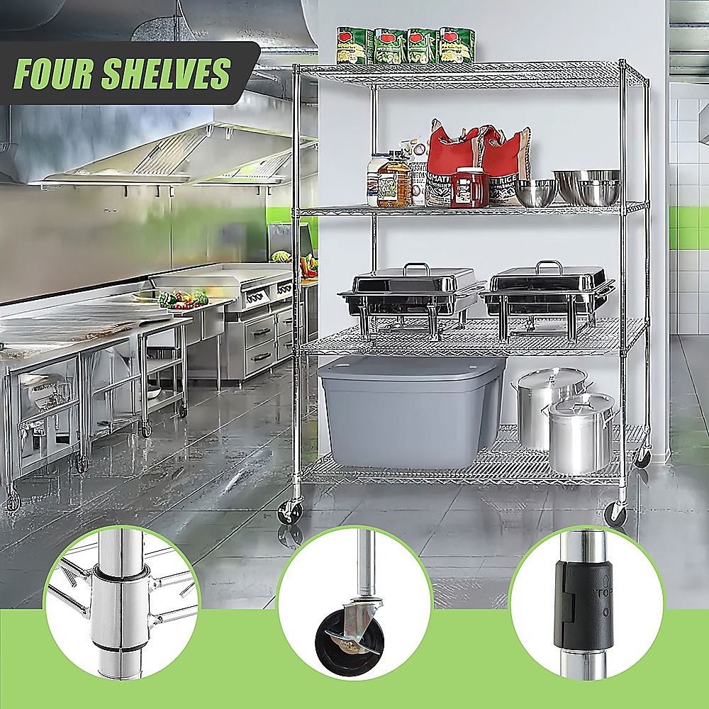 Wire Storage Rack – 150x60cm Chrome Shelving with Wheels