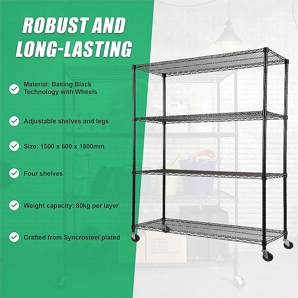 Wire Storage Rack – 150x60cm Black Shelving with Wheels