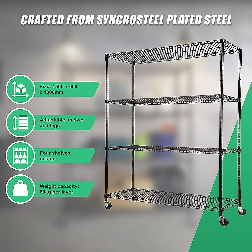 Wire Storage Rack – 150x60cm Black Shelving with Wheels