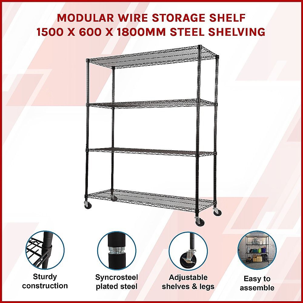Wire Storage Rack – 150x60cm Black Shelving with Wheels