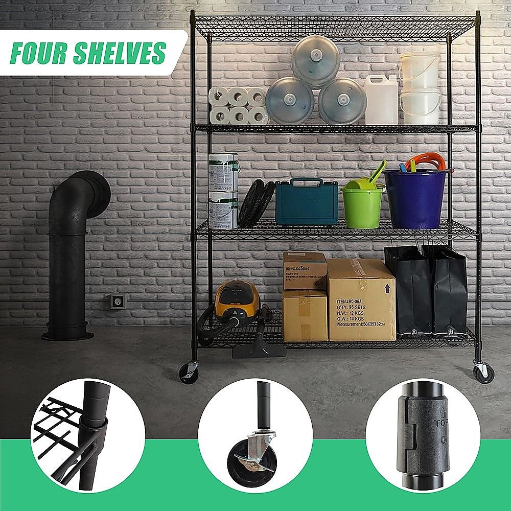 Wire Storage Rack – 150x60cm Black Shelving with Wheels