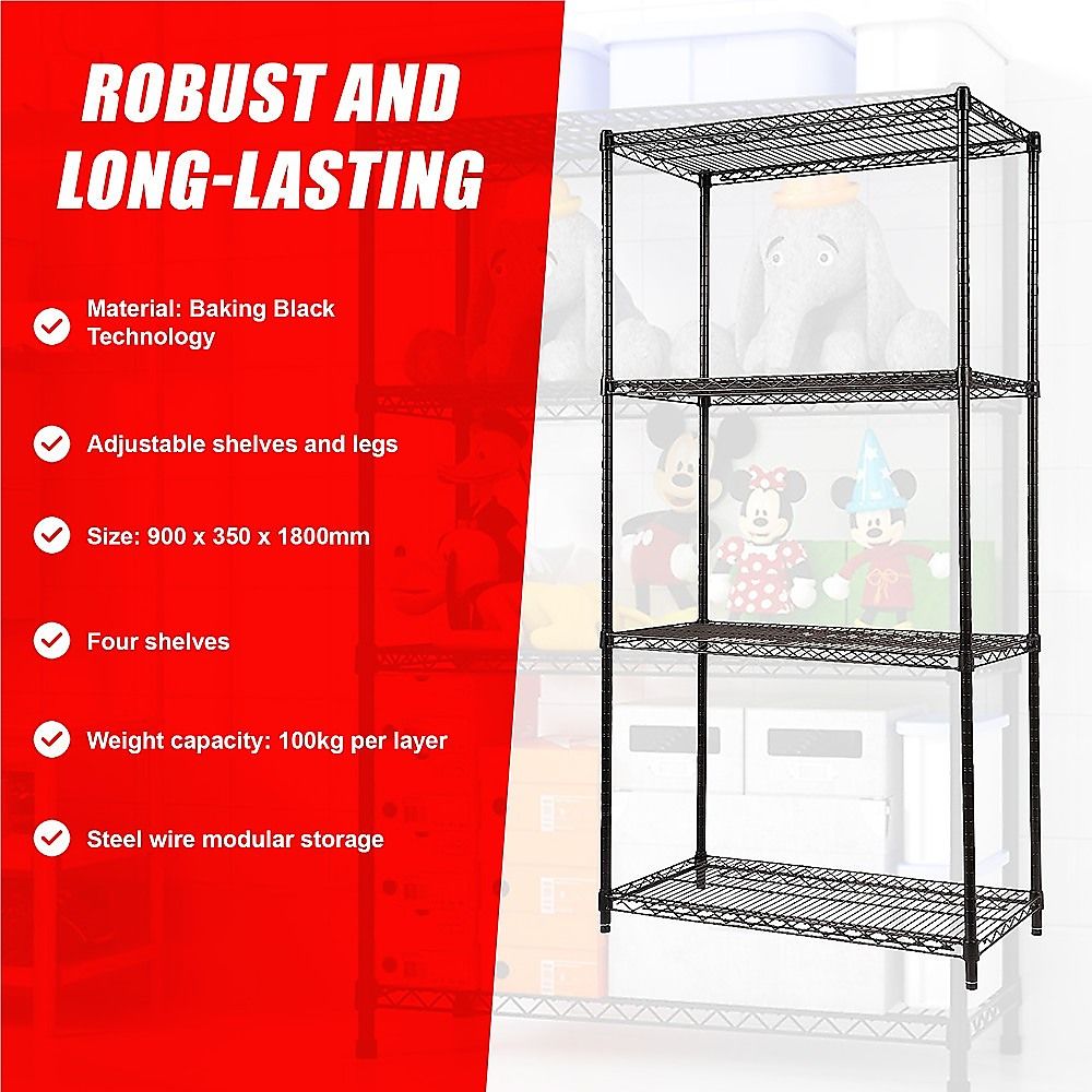 Wire Storage Rack – 90x35cm Black Shelving with Fixed Legs