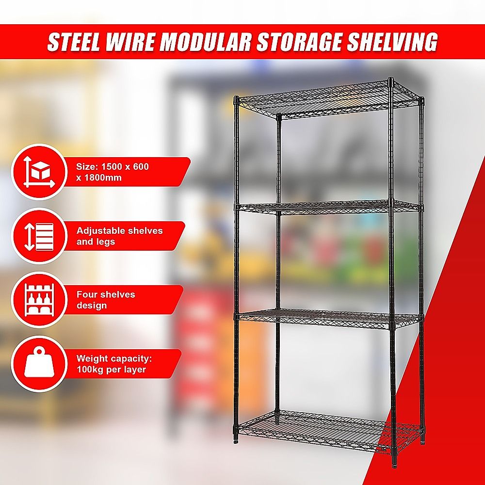 Wire Storage Rack – 90x35cm Black Shelving with Fixed Legs