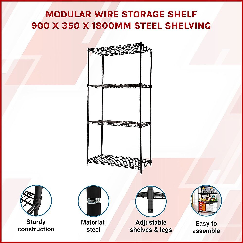 Wire Storage Rack – 90x35cm Black Shelving with Fixed Legs