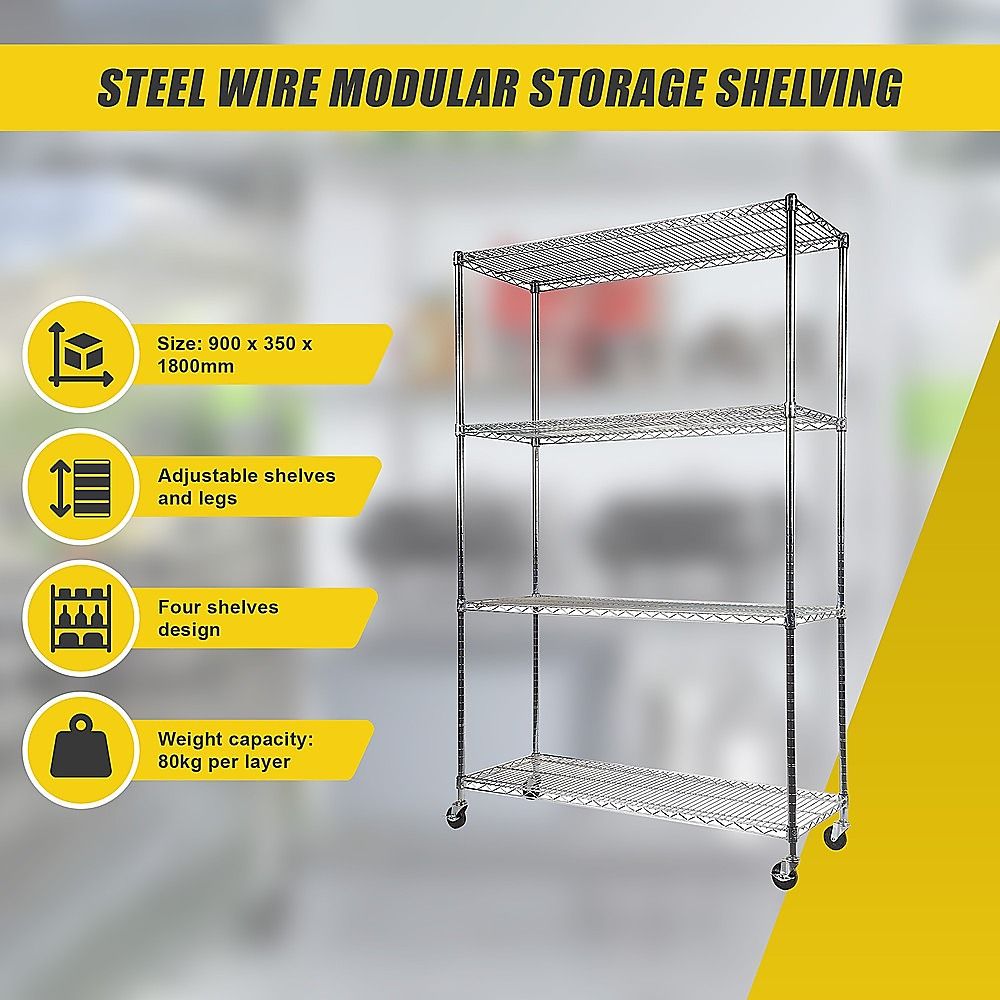 Wire Storage Rack – 90x35cm Chrome Shelving with Wheels