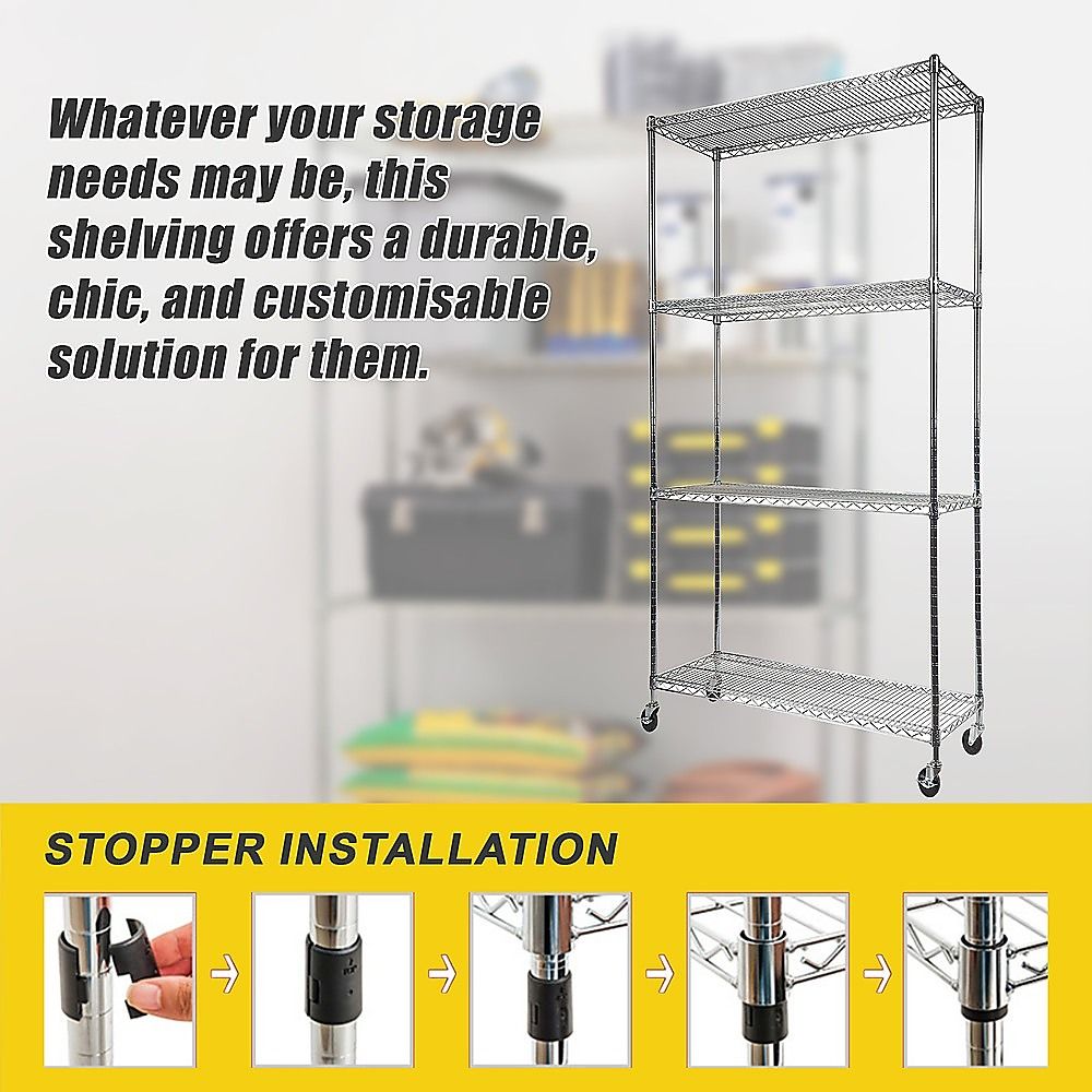 Wire Storage Rack – 90x35cm Chrome Shelving with Wheels