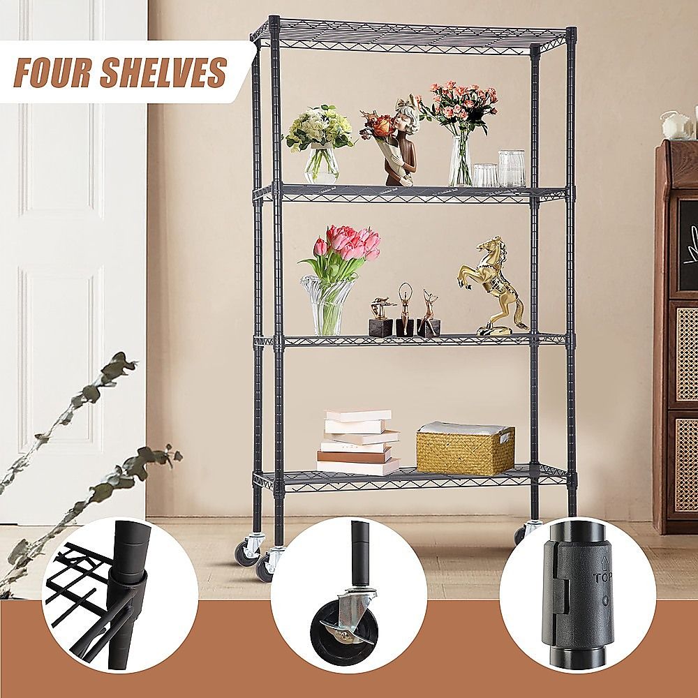 Wire Storage Rack – 90x35cm Black Shelving with Wheels