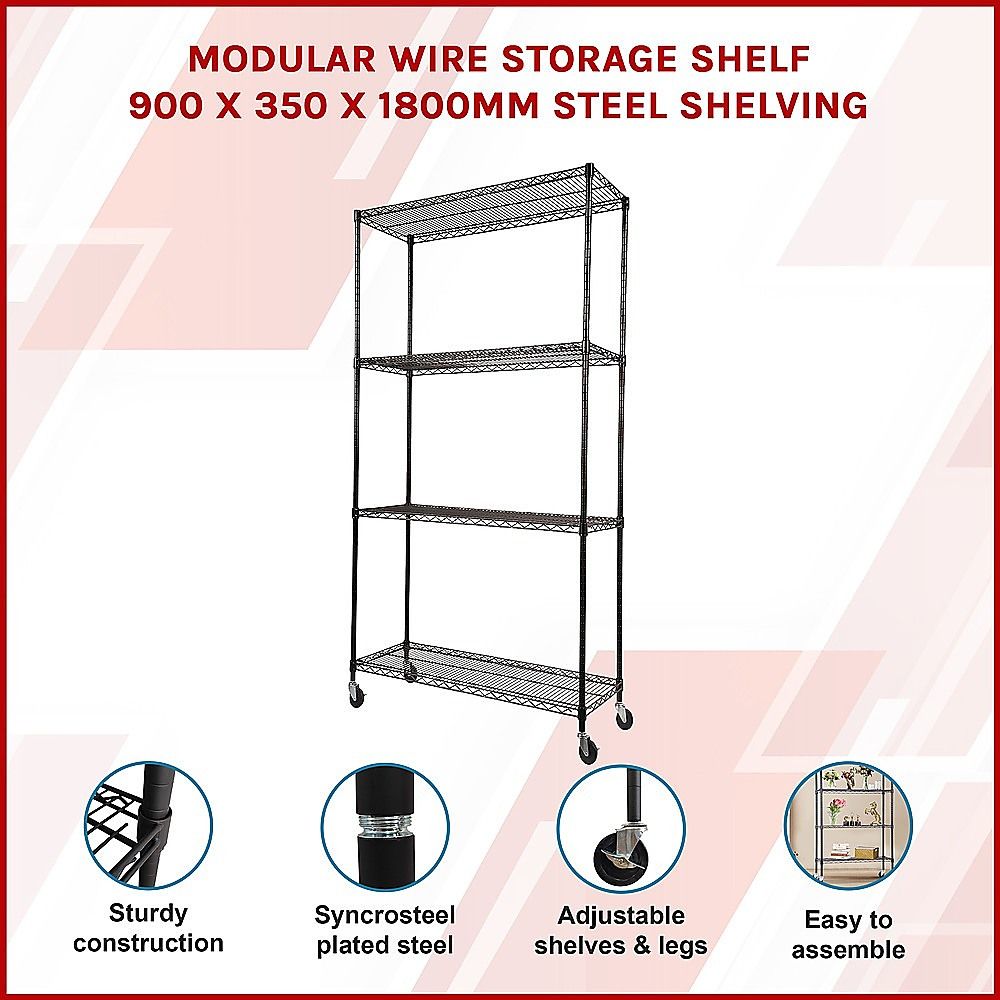 Wire Storage Rack – 90x35cm Black Shelving with Wheels
