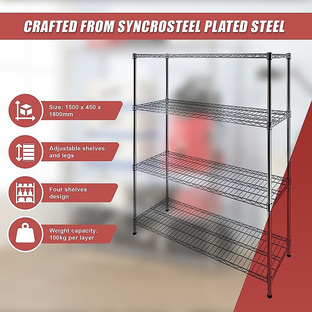 Wire Storage Rack – 150x45cm Chrome Shelving with Fixed Legs