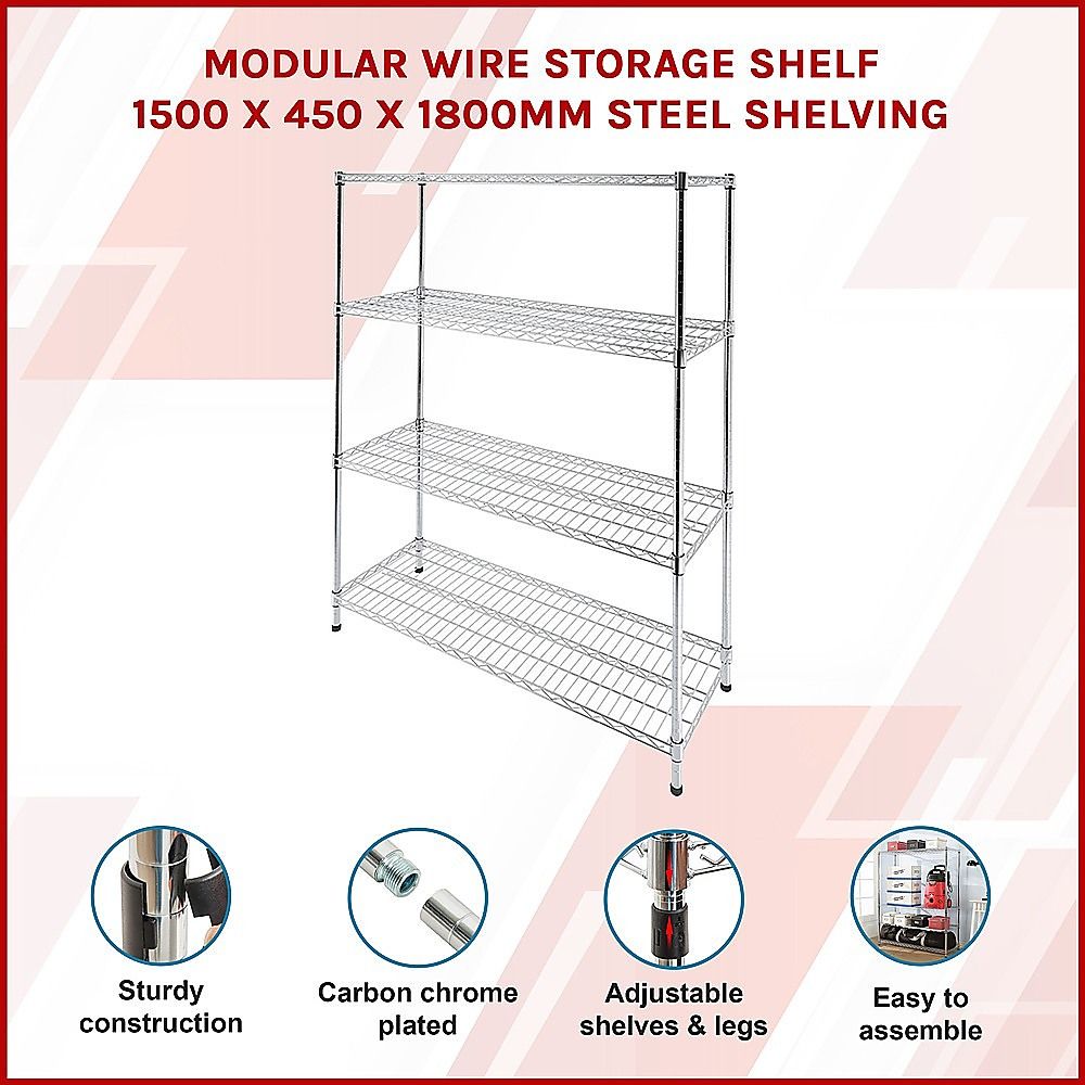 Wire Storage Rack – 150x45cm Chrome Shelving with Fixed Legs