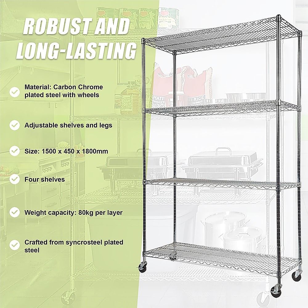 Wire Storage Rack – 150x45cm Chrome Shelving with Wheels