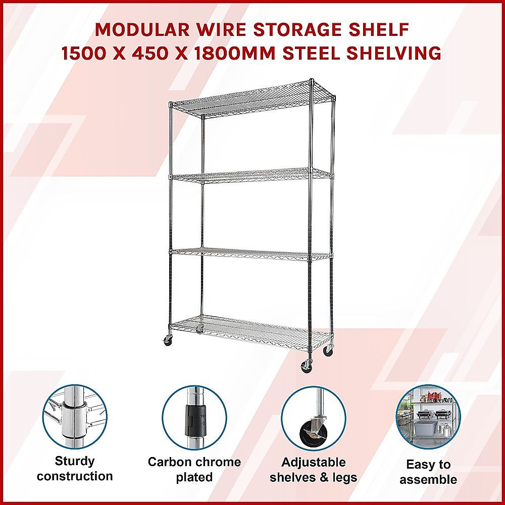 Wire Storage Rack – 150x45cm Chrome Shelving with Wheels