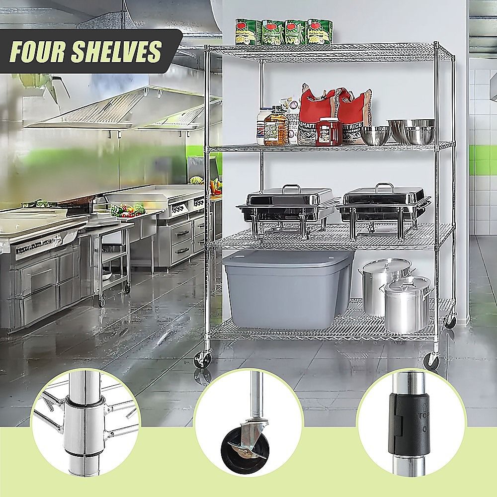Wire Storage Rack – 150x45cm Chrome Shelving with Wheels