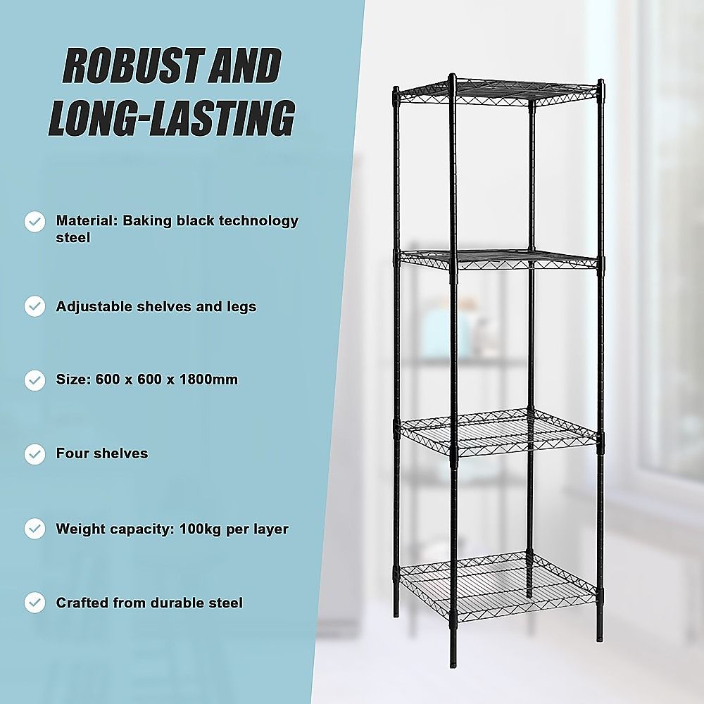 Wire Storage Rack – 60x60cm Black Shelving with Fixed Legs