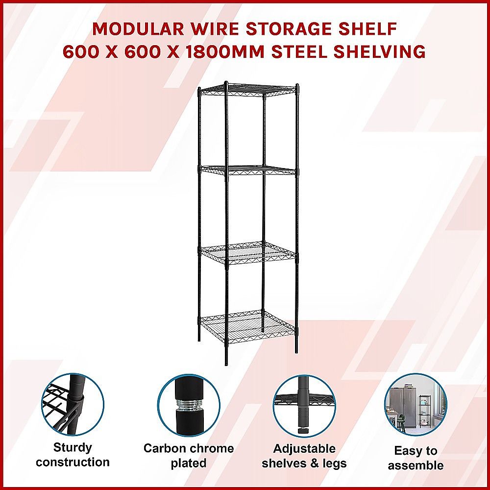 Wire Storage Rack – 60x60cm Black Shelving with Fixed Legs