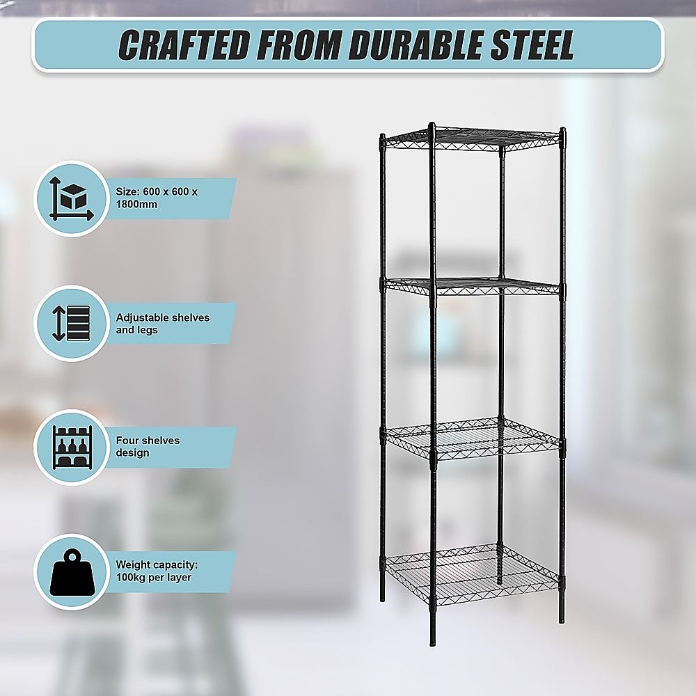 Wire Storage Rack – 60x60cm Black Shelving with Fixed Legs