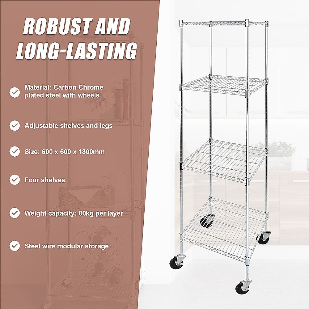 Wire Storage Rack – 60x60cm Chrome Shelving with Wheels