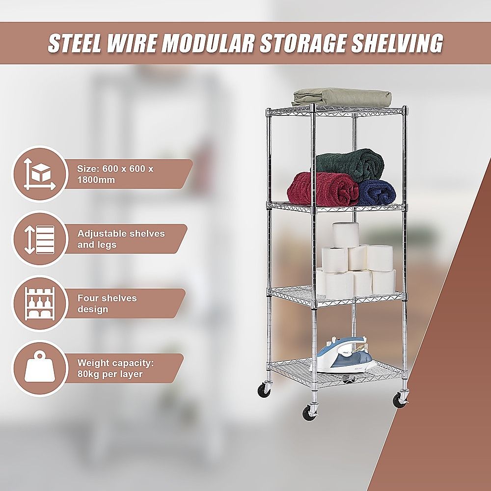 Wire Storage Rack – 60x60cm Chrome Shelving with Wheels