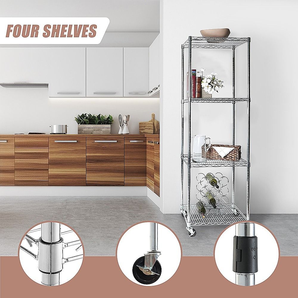 Wire Storage Rack – 60x60cm Chrome Shelving with Wheels