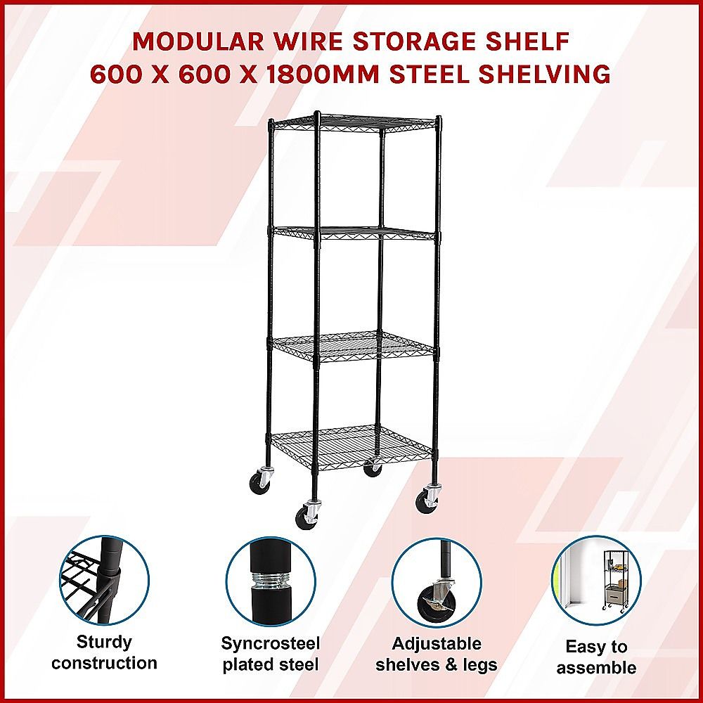 Wire Storage Rack – 60x60cm Black Shelving with Wheels