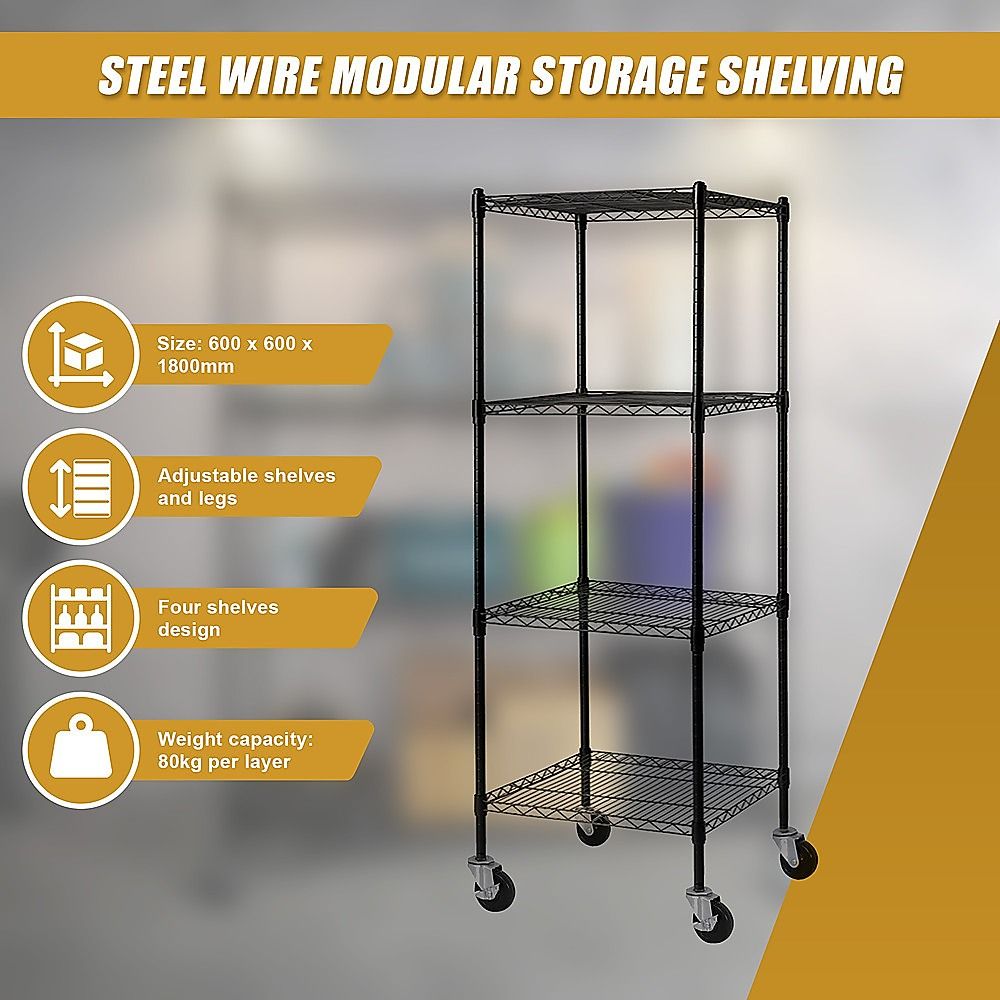Wire Storage Rack – 60x60cm Black Shelving with Wheels