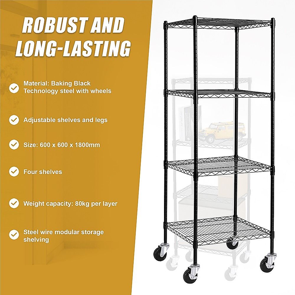 Wire Storage Rack – 60x60cm Black Shelving with Wheels