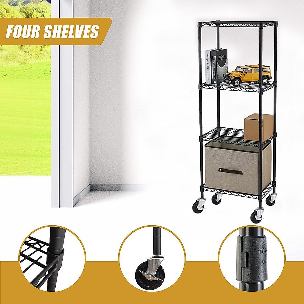 Wire Storage Rack – 60x60cm Black Shelving with Wheels