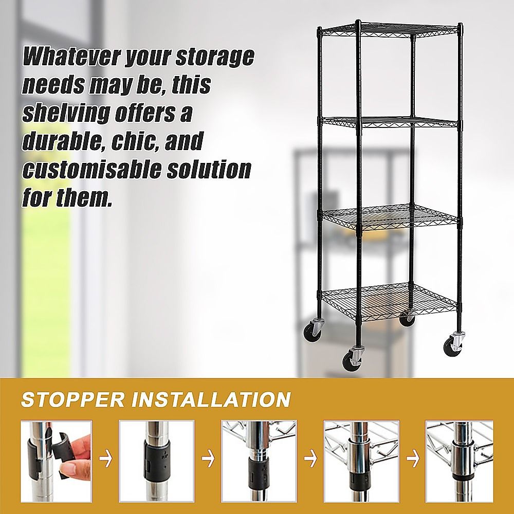 Wire Storage Rack – 60x60cm Black Shelving with Wheels