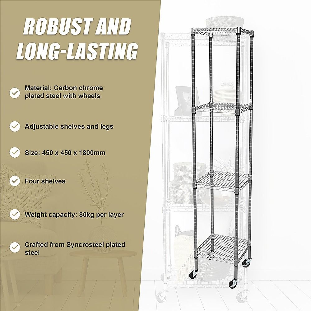 Wire Storage Rack – 45x45cm Chrome Shelving with Wheels