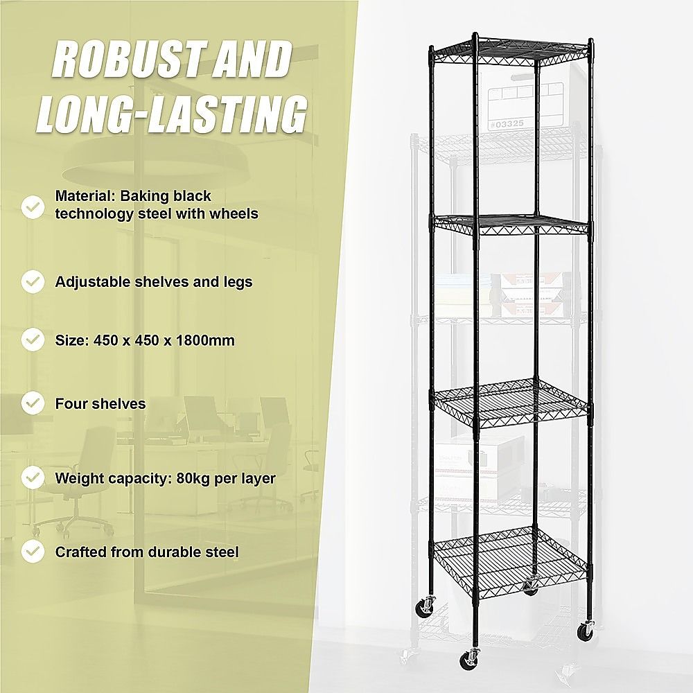 Wire Storage Rack – 45x45cm Black Shelving with Wheels
