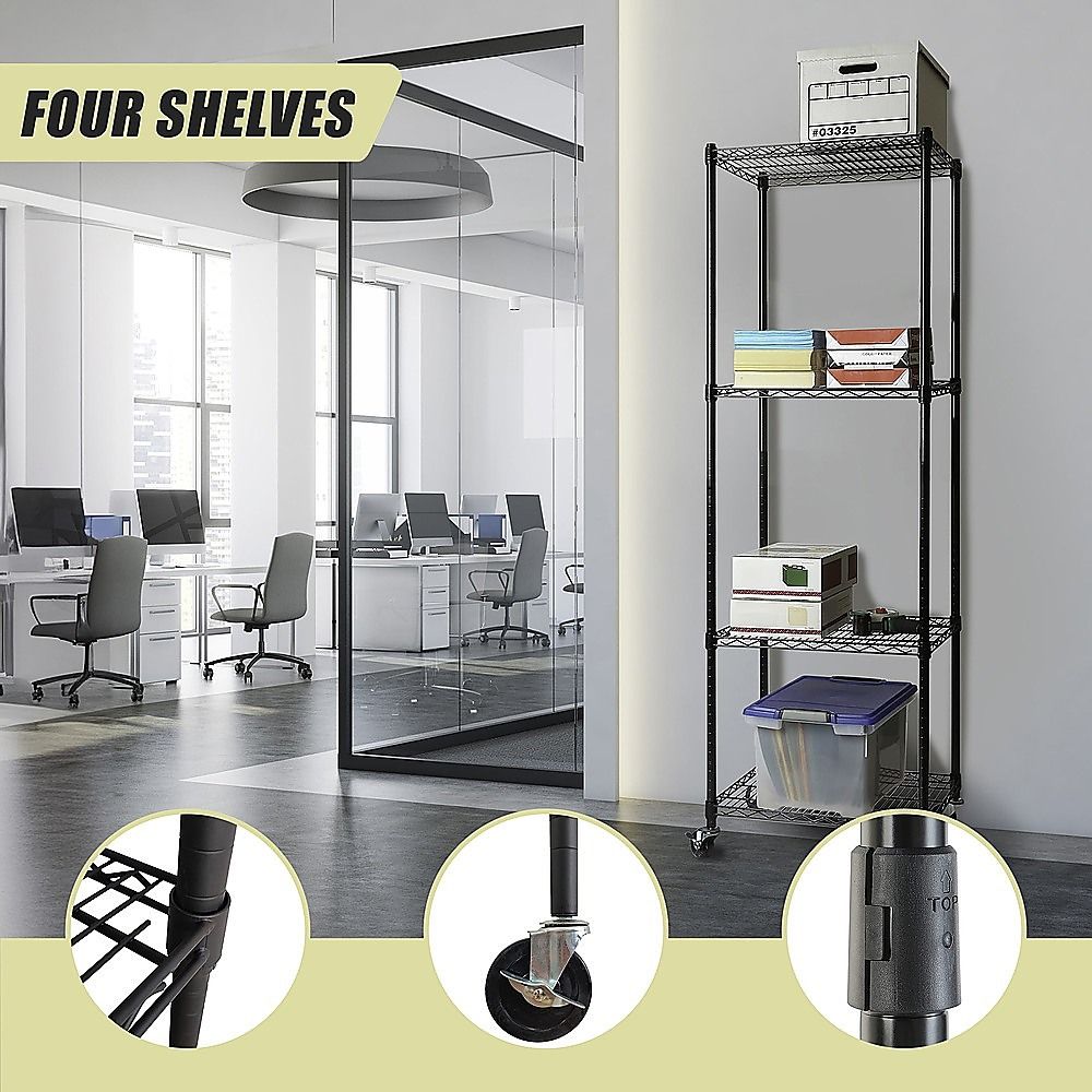Wire Storage Rack – 45x45cm Black Shelving with Wheels
