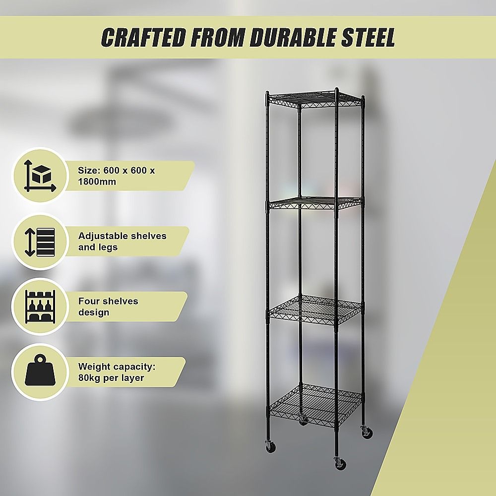 Wire Storage Rack – 45x45cm Black Shelving with Wheels