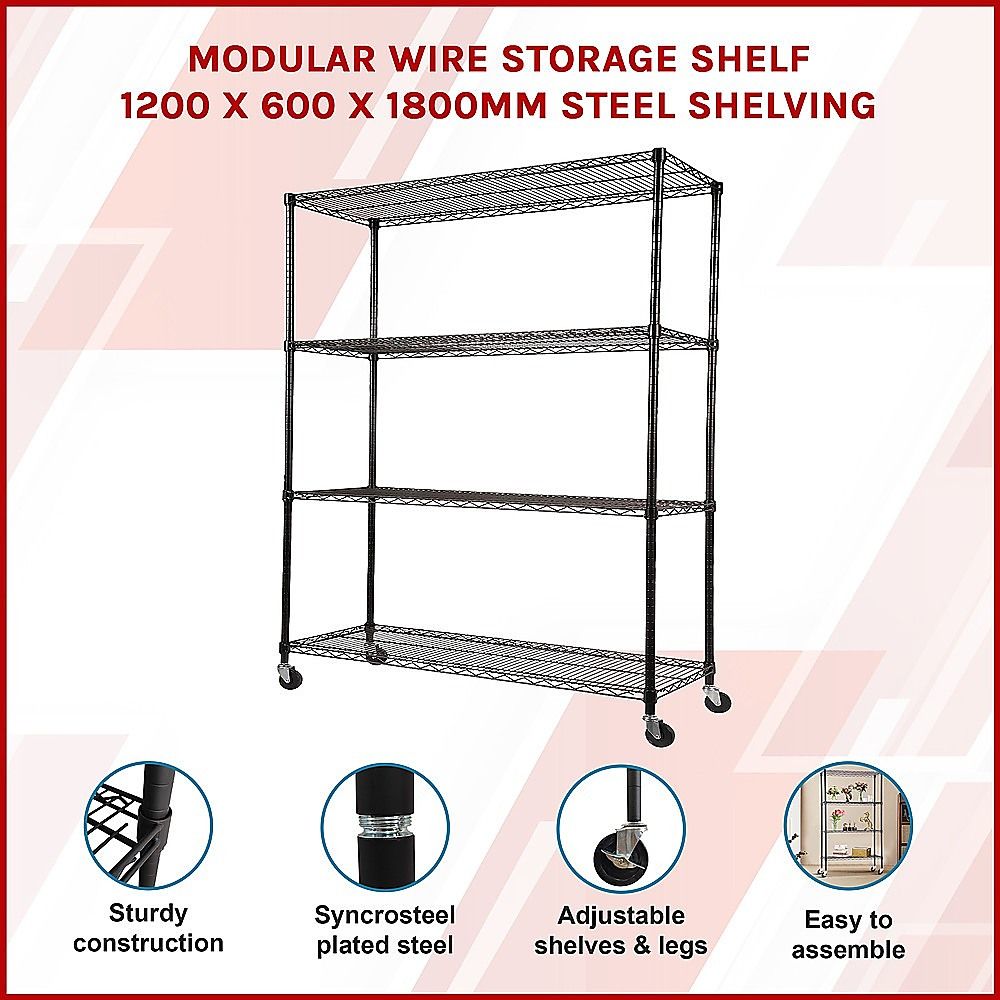 Wire Storage Rack – 120x60cm Black Shelving with Wheels