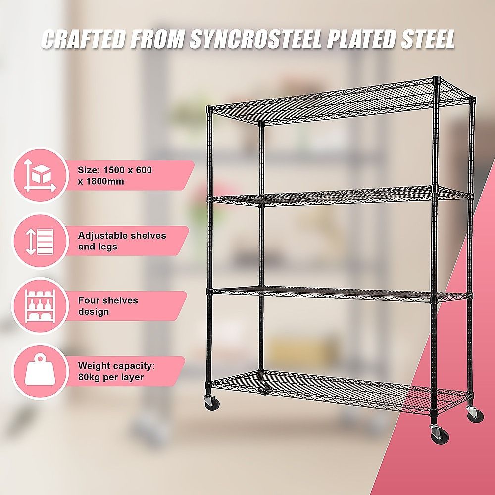 Wire Storage Rack – 120x60cm Black Shelving with Wheels